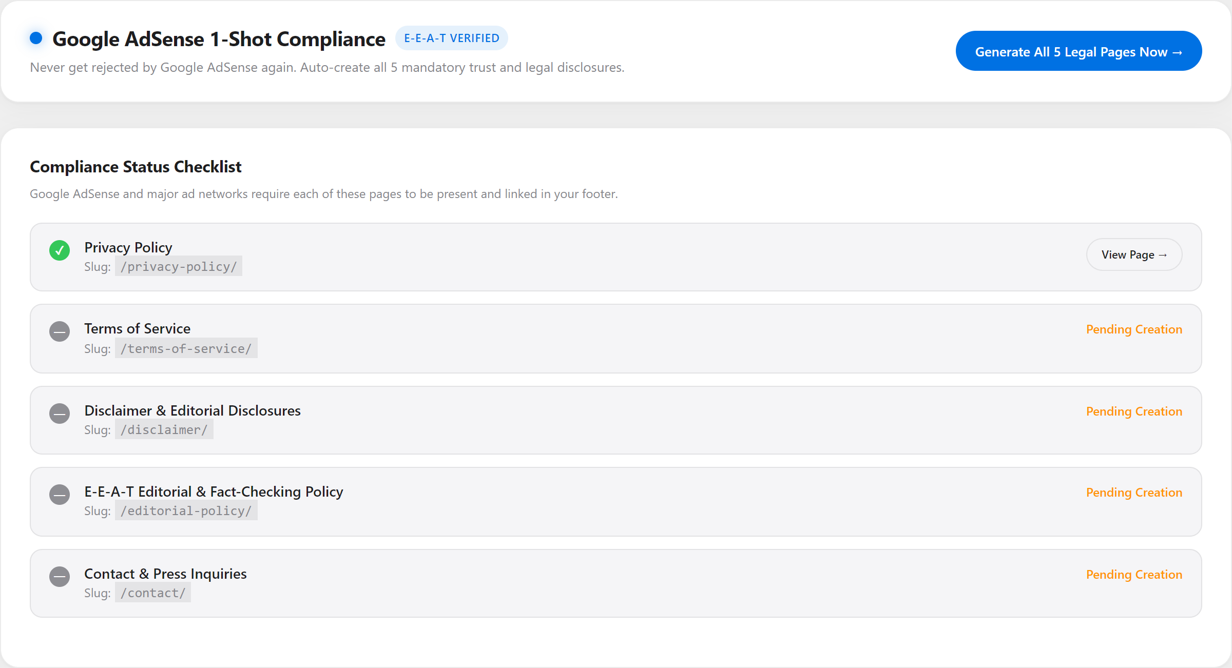 TempoBlog AdSense Compliance Wizard generating 5 mandatory legal pages
