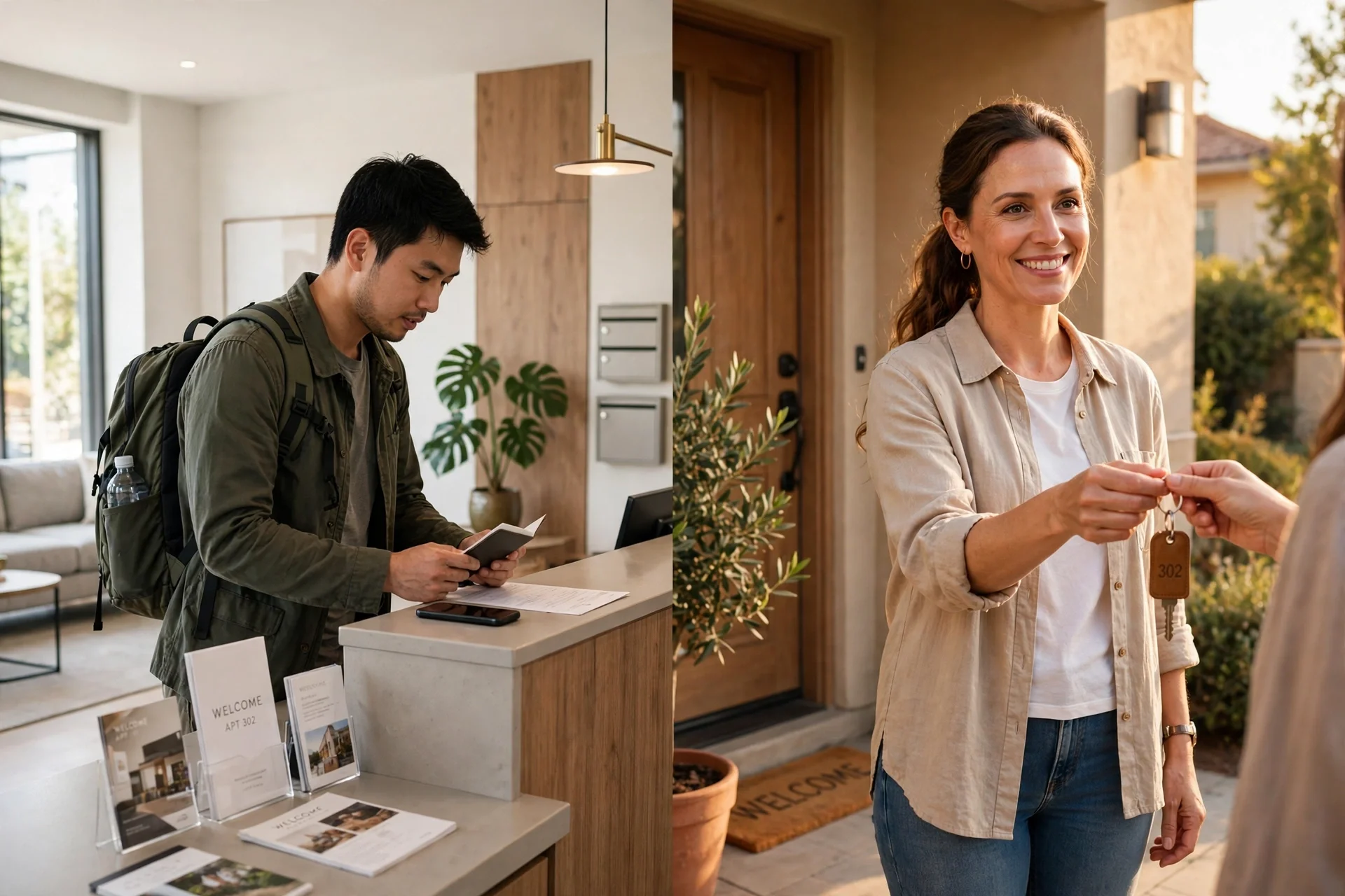 A traveler checking in on one side and a host handing over keys on the other — guests and hosts face different verification walls on Airbnb