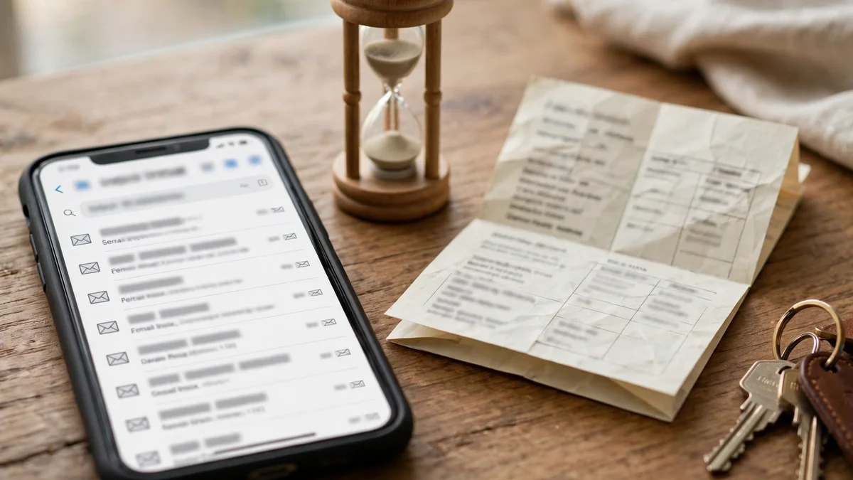 A phone inbox beside an hourglass and house keys — when the inbox expires, the booking details tied to it go with it