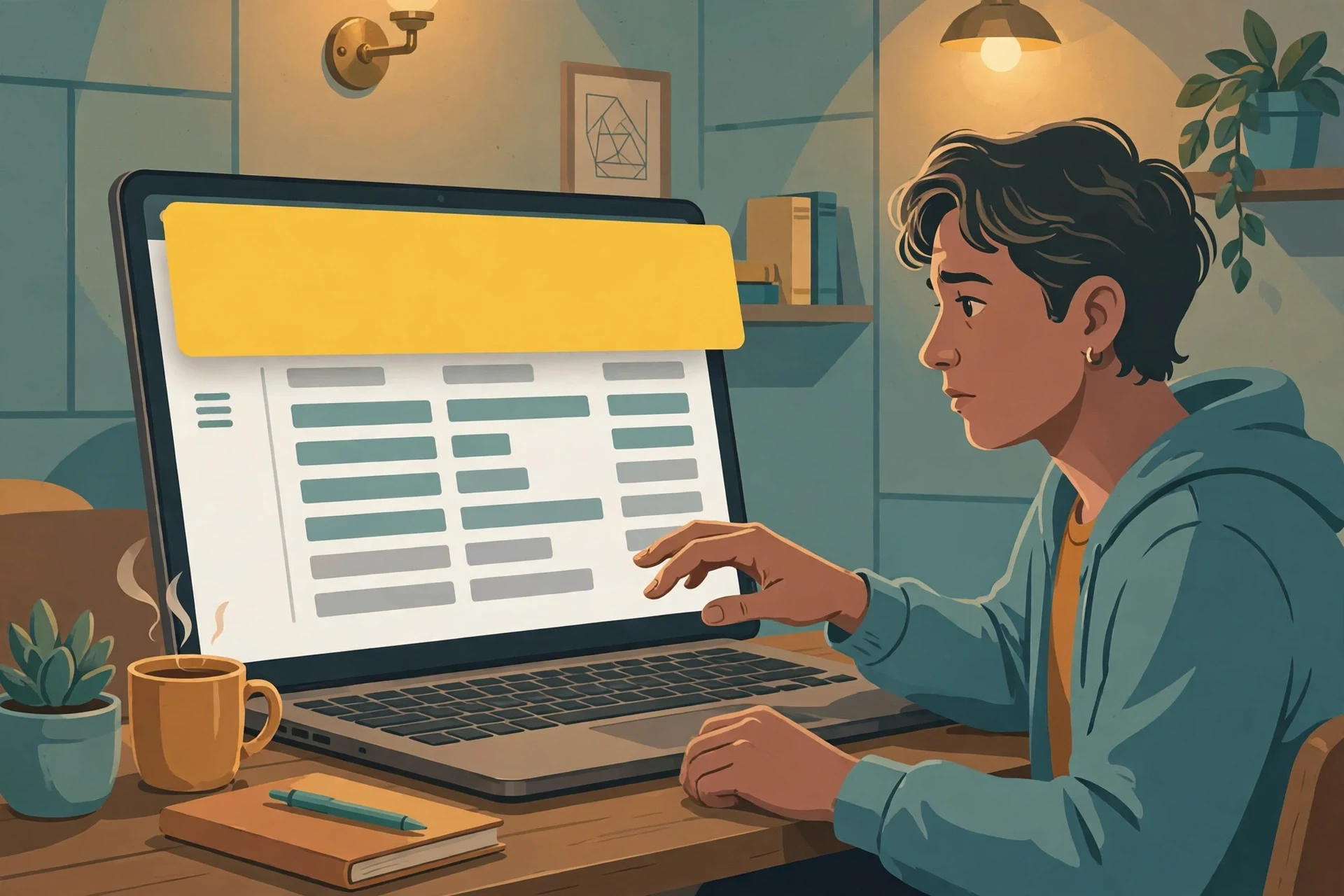Person looking at a laptop screen with a large yellow notification banner above a database
