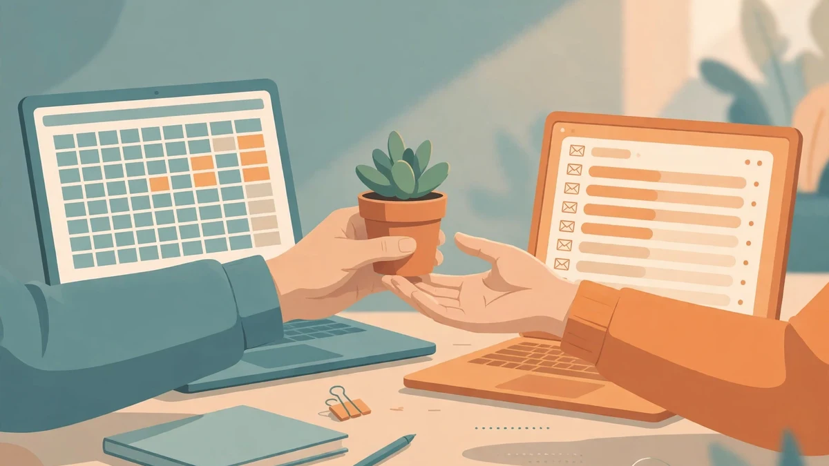 Two hands passing a small plant between laptops showing a database and an inbox