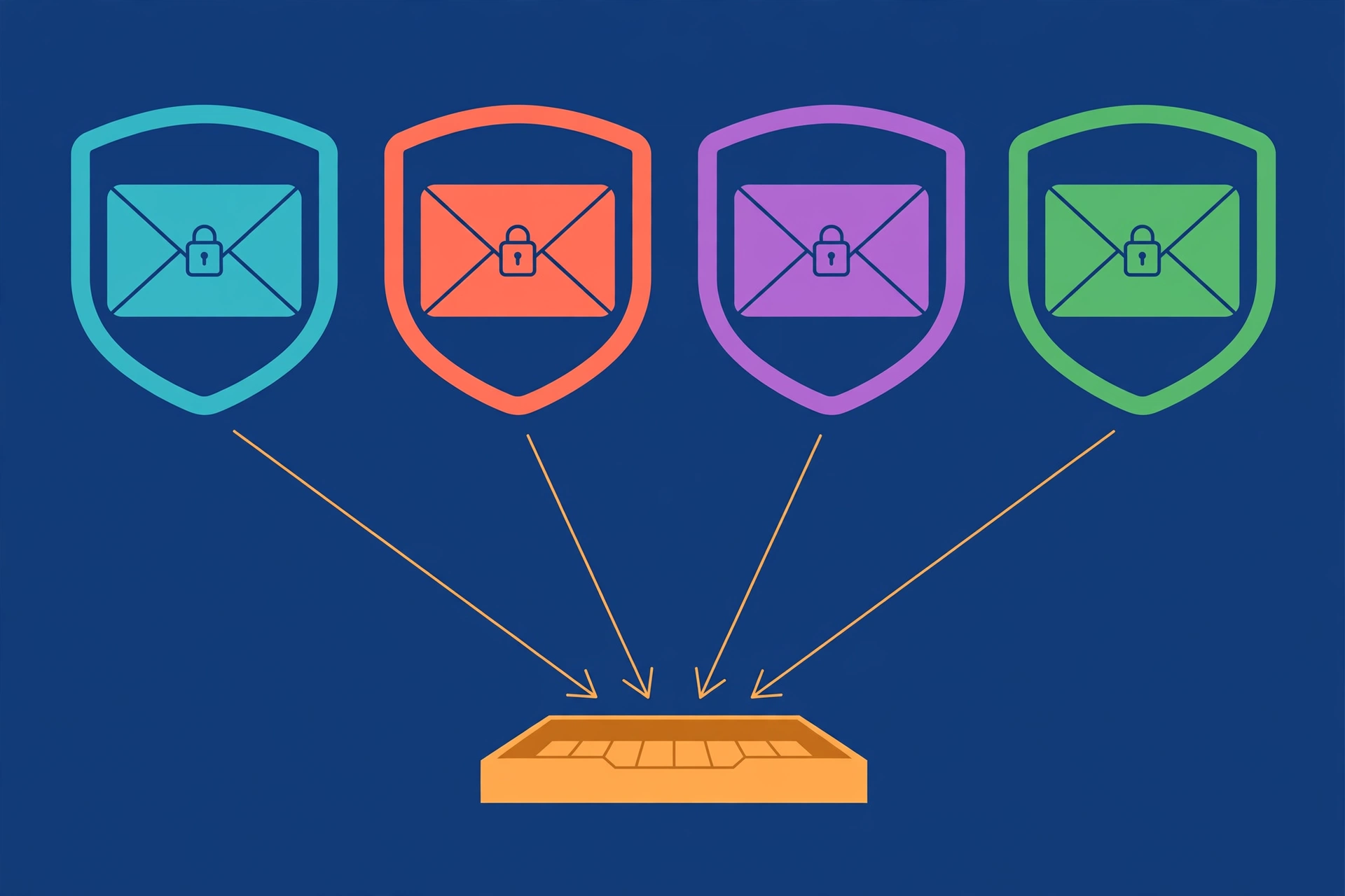 Four shielded envelope icons in different accent colors with forwarding arrows converging into one inbox, illustrating email aliasing services