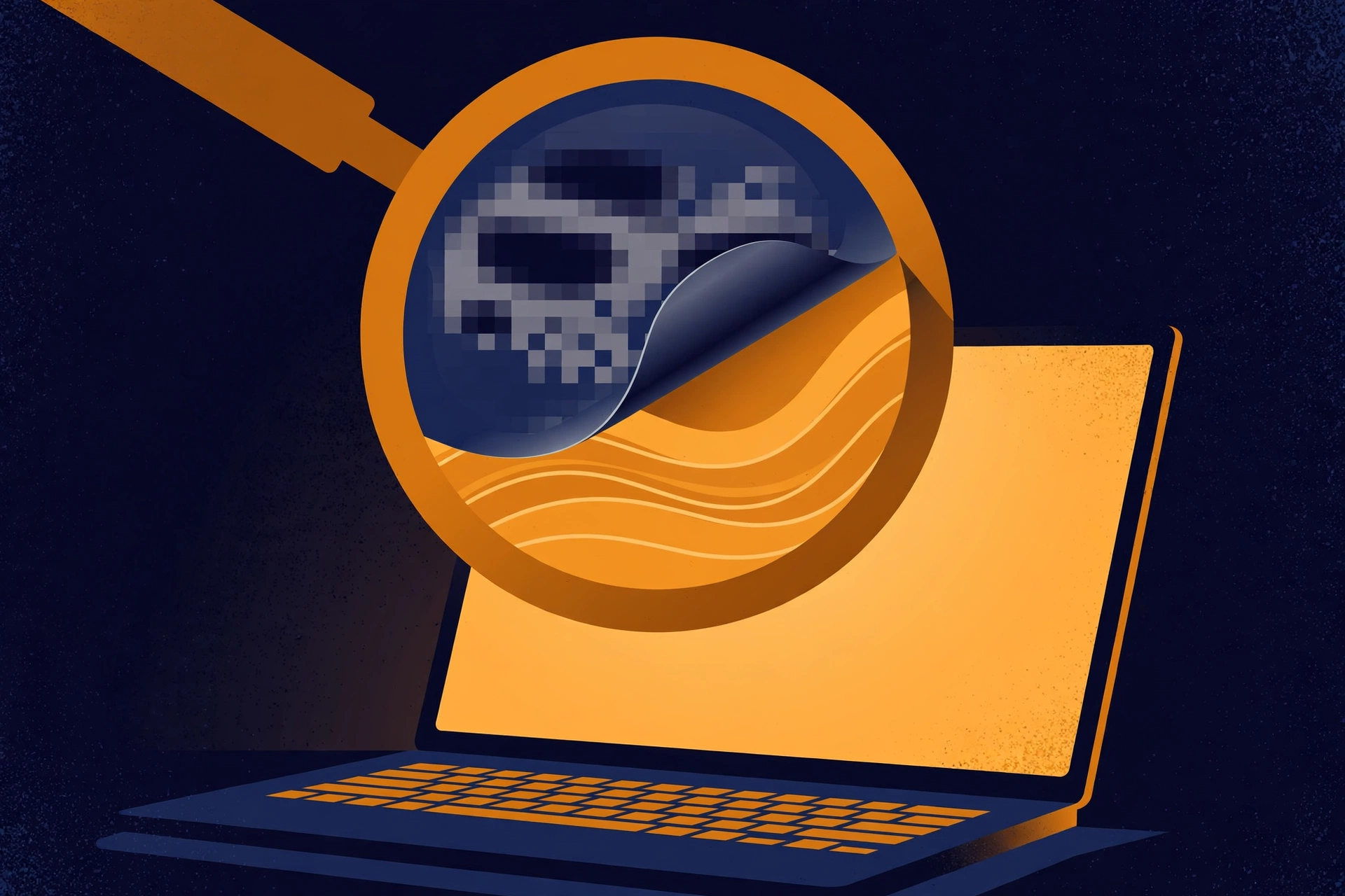 A magnifying glass revealing a real email address hidden behind a masked alias on a laptop screen