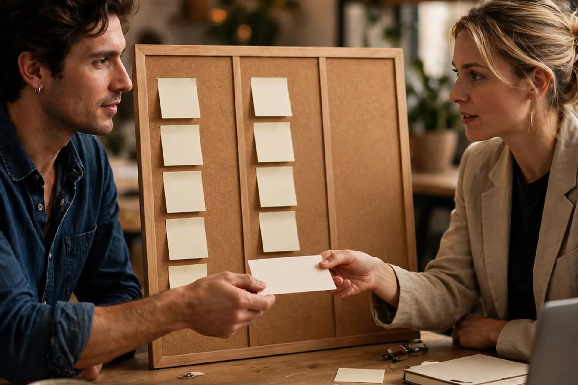 Two people handing a blank task card across a board — on Asana, a guest and a member are not the same kind of presence, and the difference decides what a disposable address can do