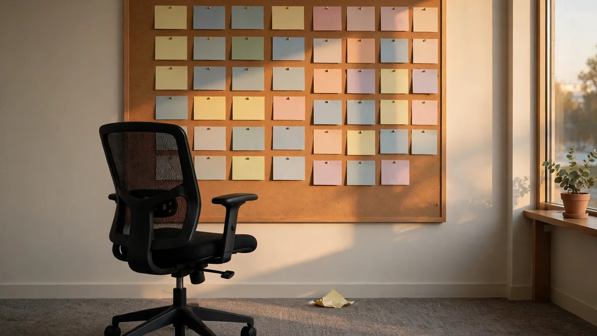 An empty chair facing a board of task cards with one card fallen on the floor — when the inbox behind an Asana account dies, the project carries on and the person does not