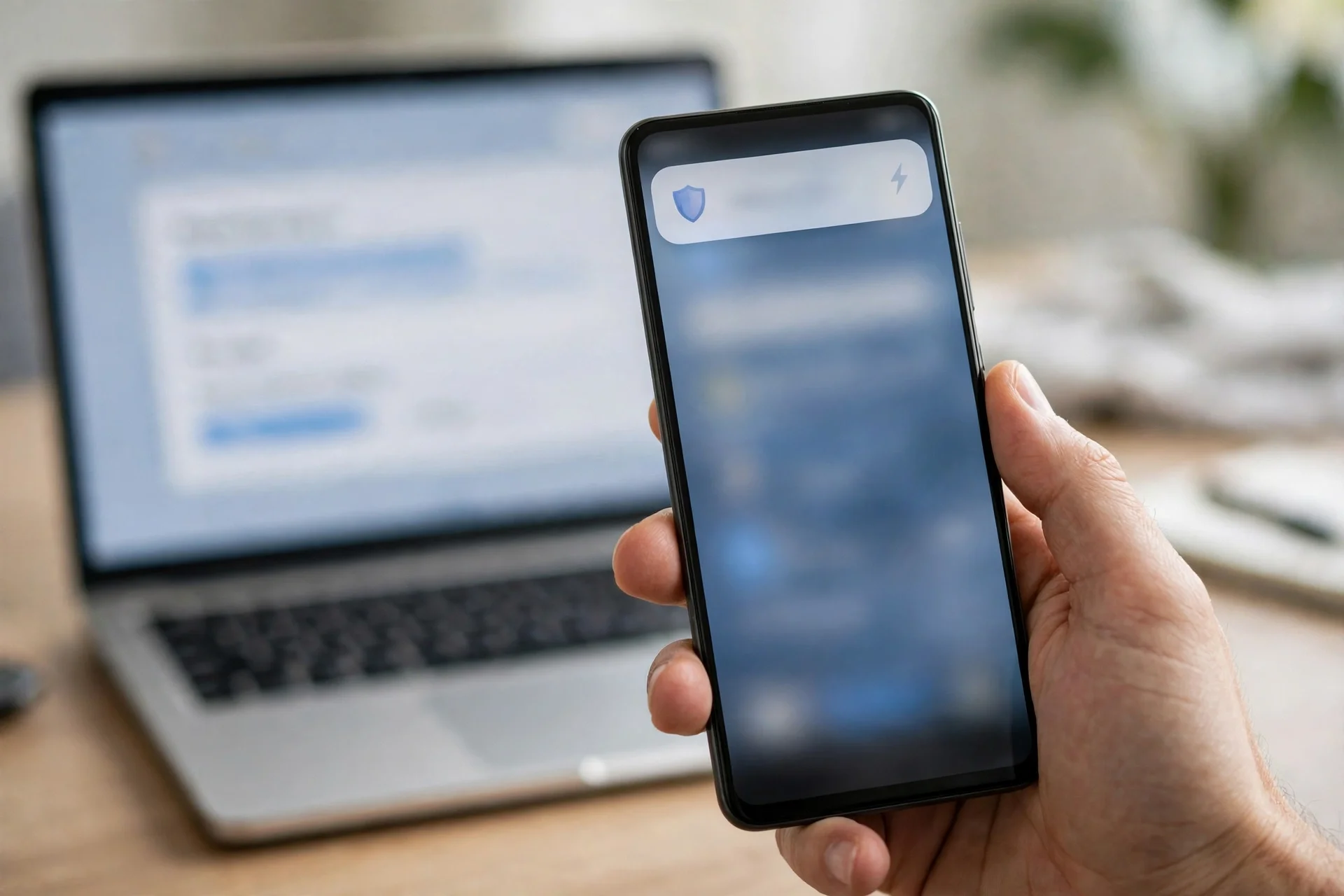 A hand holding an Android phone as a verification notification slides down over a sign-in form