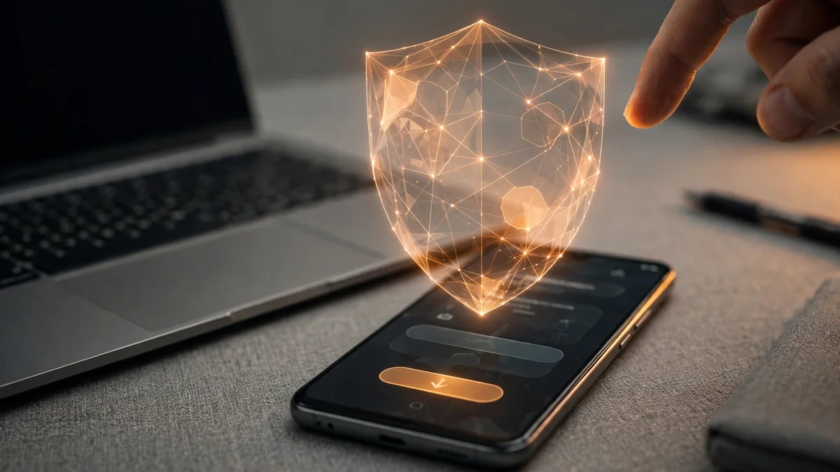 A finger hesitating over an install button on a phone protected by a shield graphic
