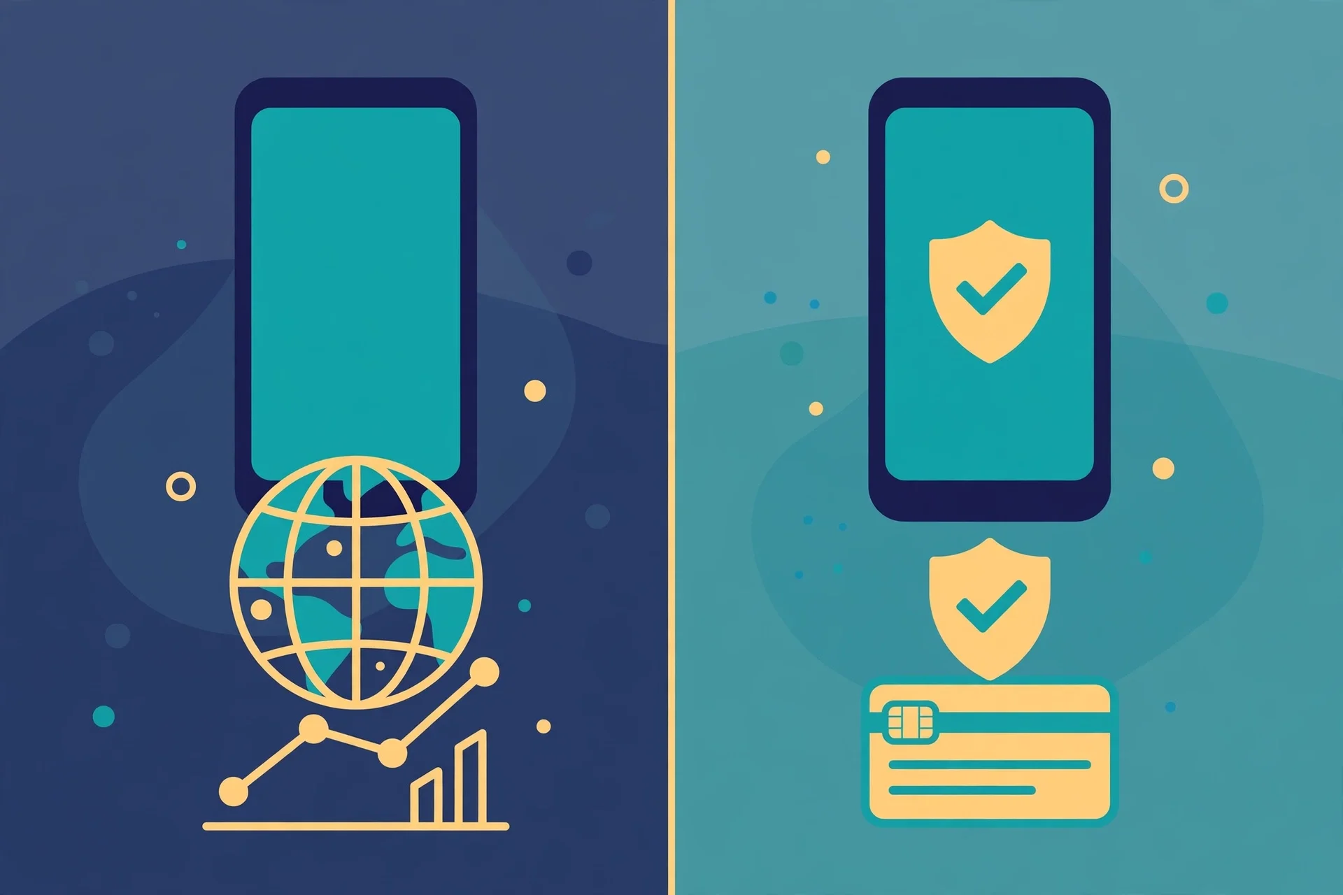 Two smartphone screens side by side, one over a globe and one over a shield with an ID card, showing the split between Binance global and Binance.US