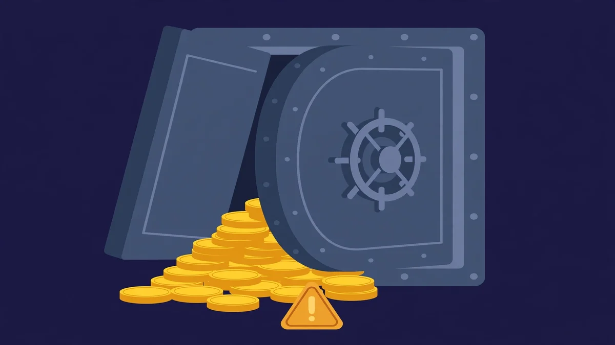 A heavy vault door half closed over a stack of coins with a warning triangle, showing funds frozen behind a withdrawal check