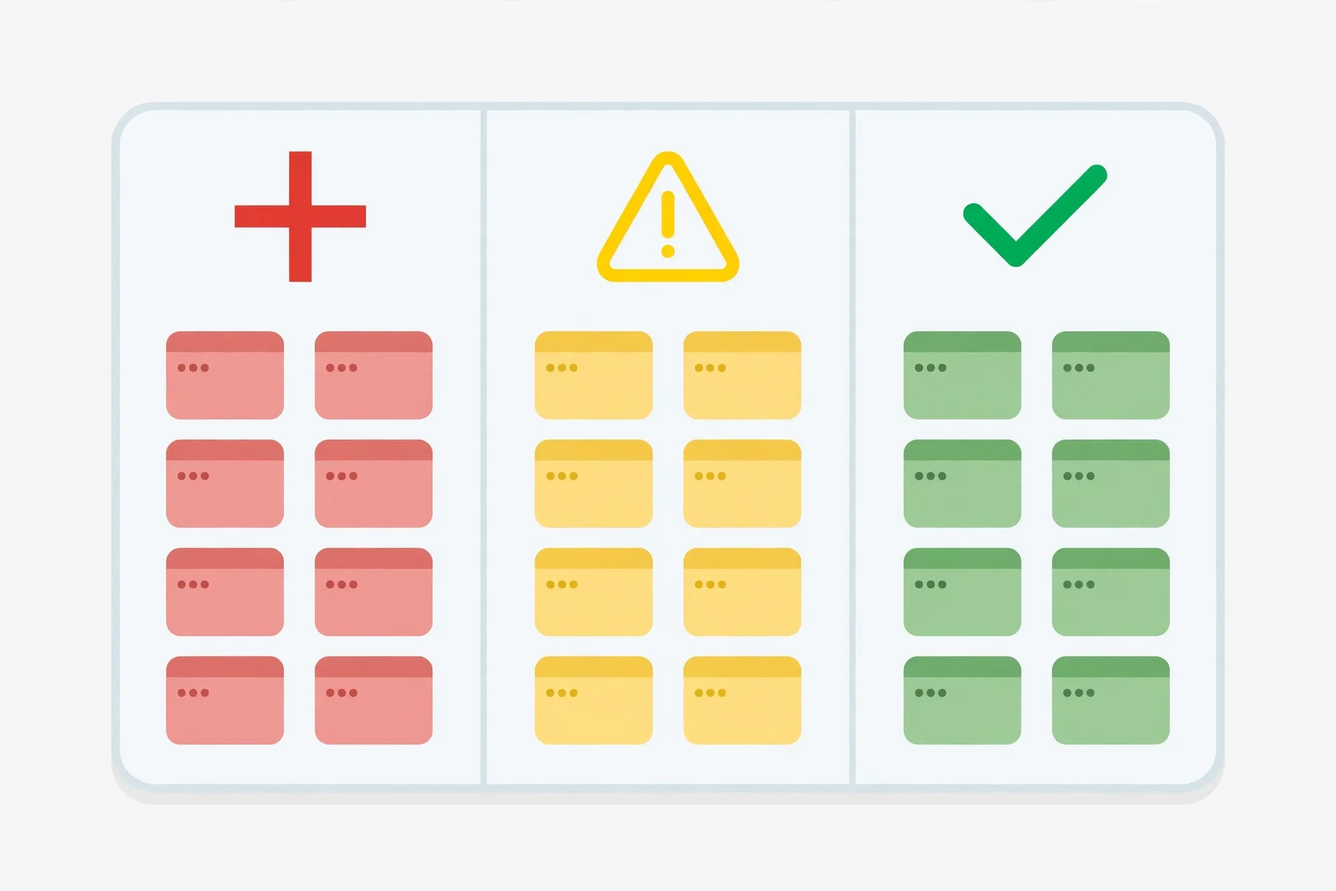 A directory board sorting generic app icons into blocked, varies, and works columns