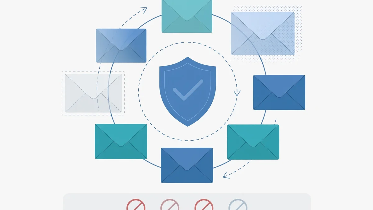 Envelopes rotating around a shield as one domain fades out and a fresh one fades in