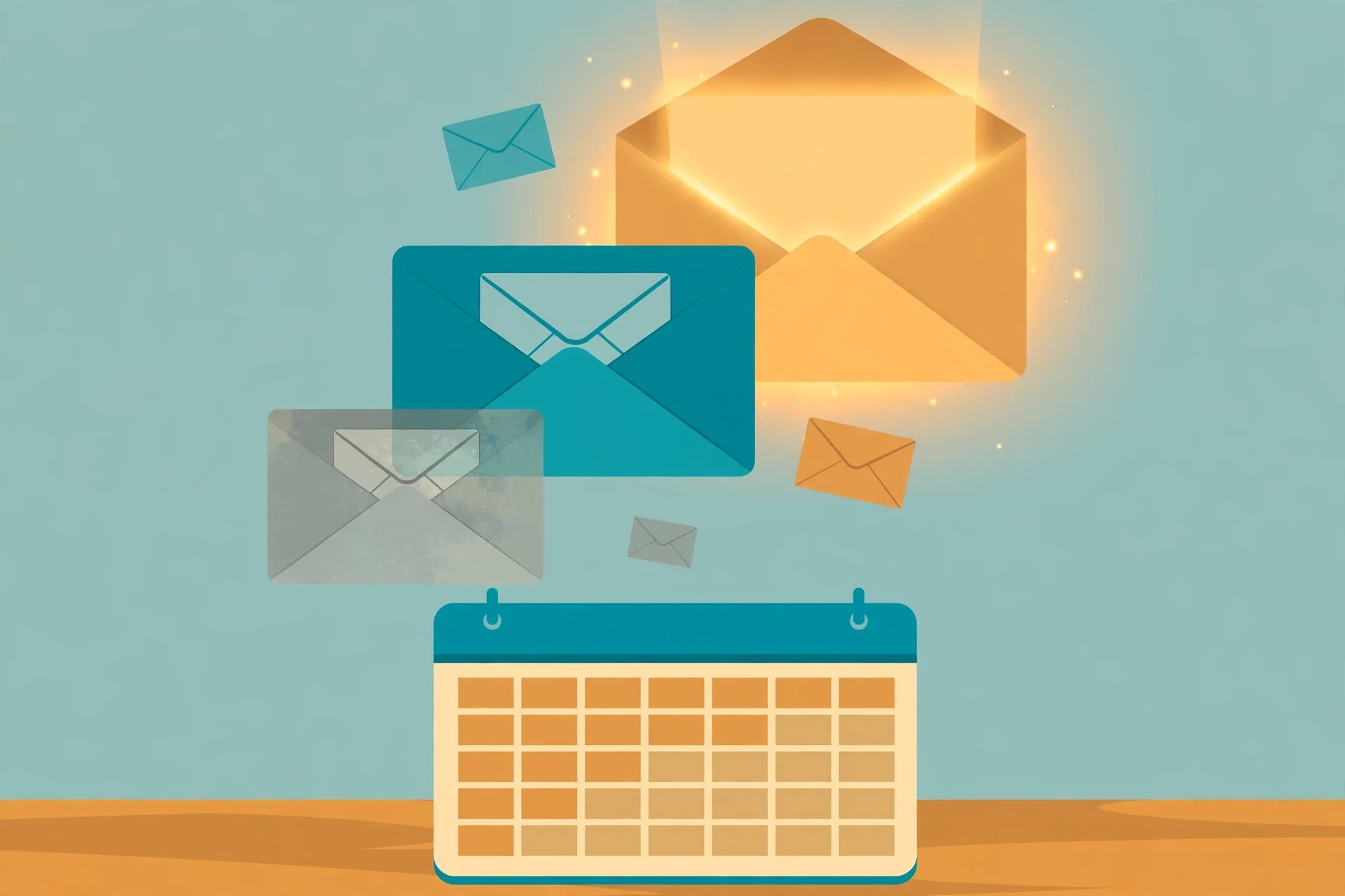 Illustration of several envelopes above a calendar, representing the different email addresses behind one Calendly account
