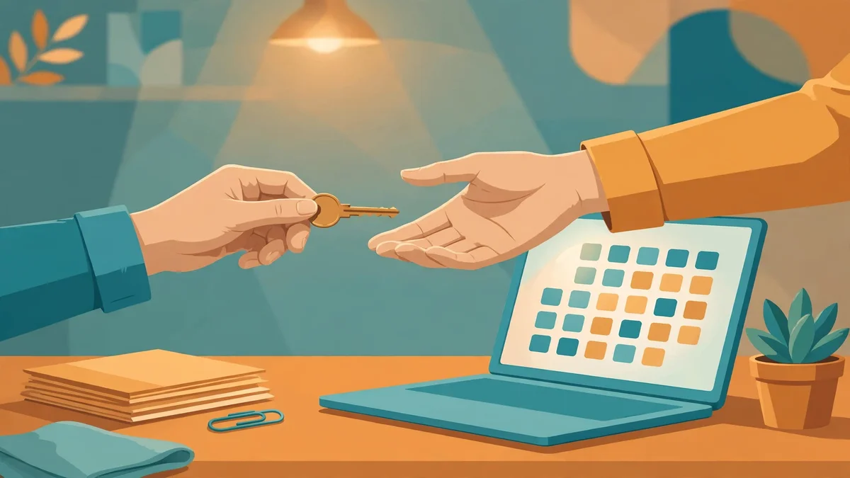 Illustration of a key being handed over a desk toward a laptop calendar, representing moving a Calendly account to a real address