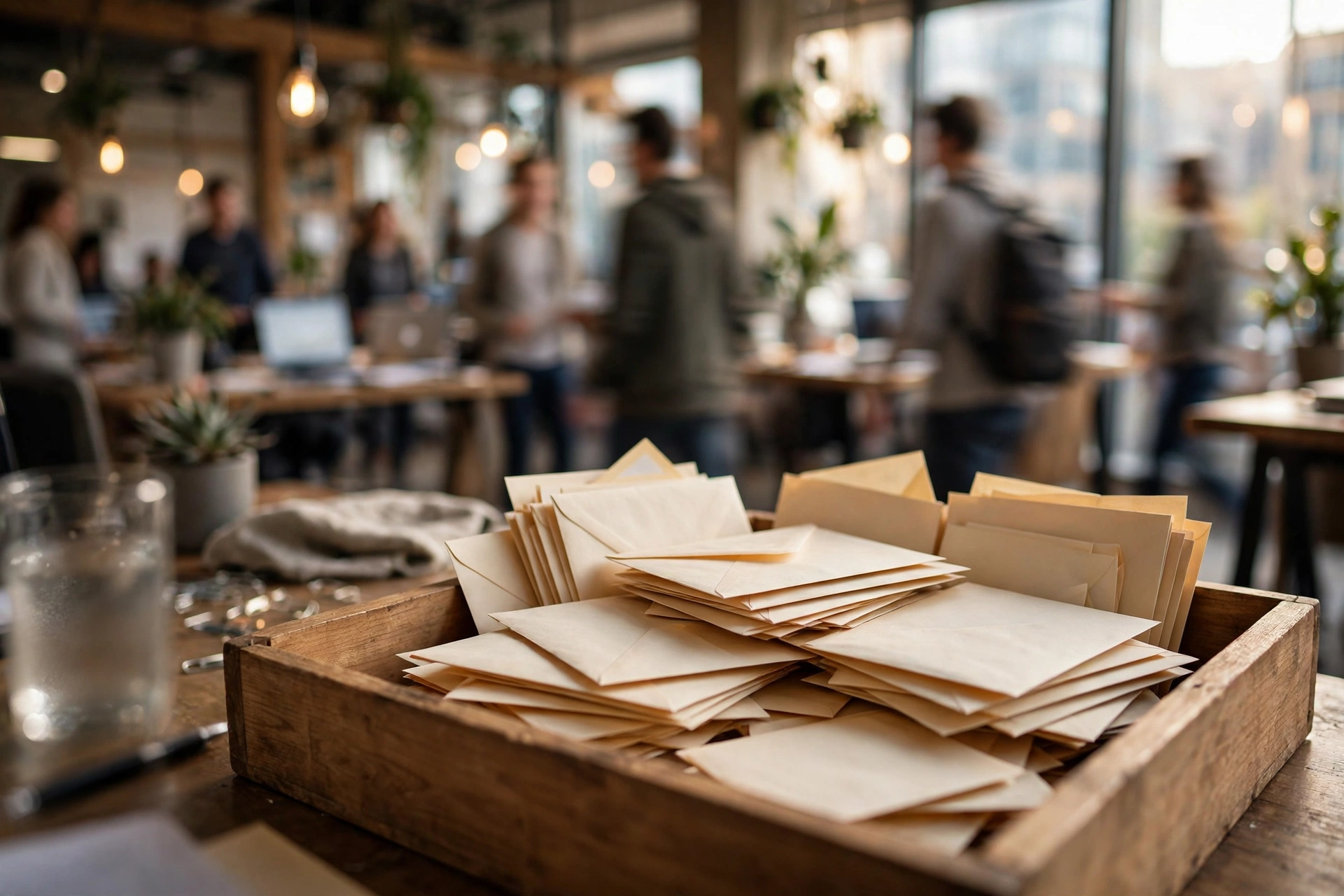An open inbox tray of envelopes on a public desk with strangers passing by, symbolizing how public temp inboxes are readable by anyone