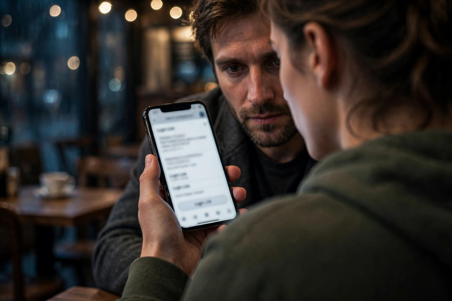 A stranger reading a login-link email over someone's shoulder in a cafe, illustrating magic-link interception in a public inbox
