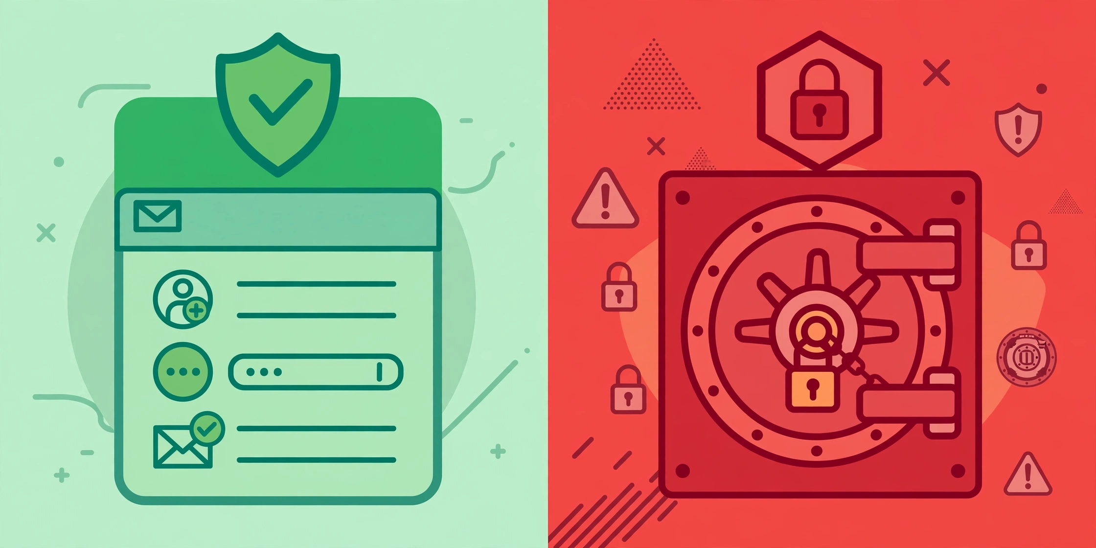 Split illustration contrasting safe uses of temp mail with situations where it should never be used