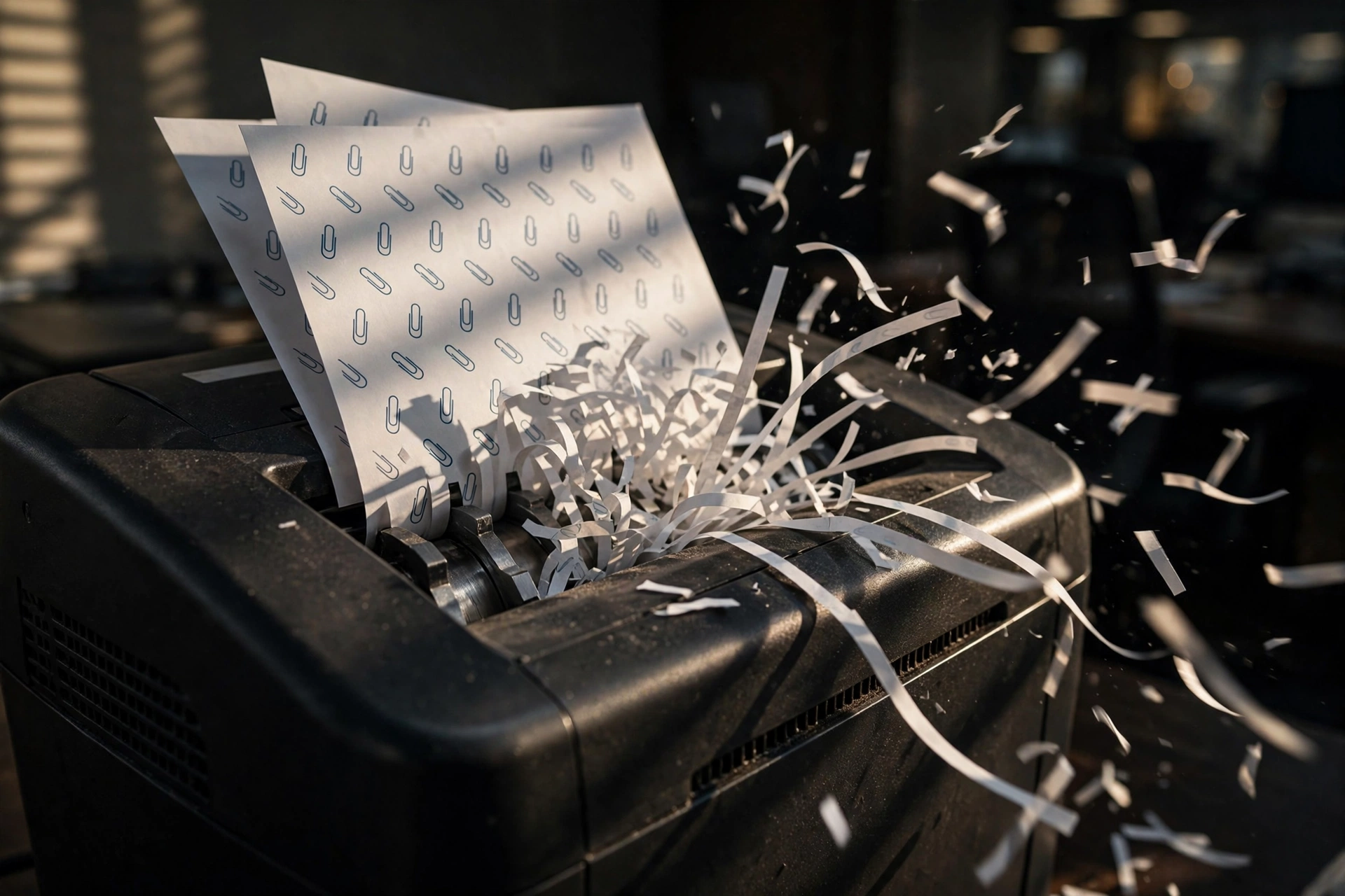 A paper shredder destroying printed emails, illustrating temp mail providers that strip attachments