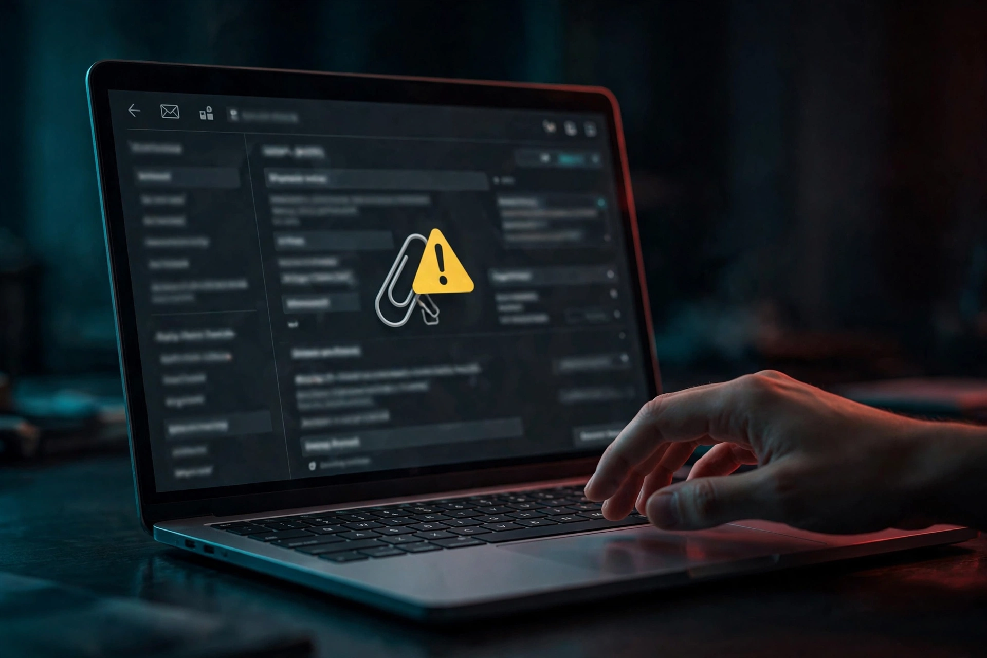 A person hesitating before downloading an email attachment on a laptop in a dark room