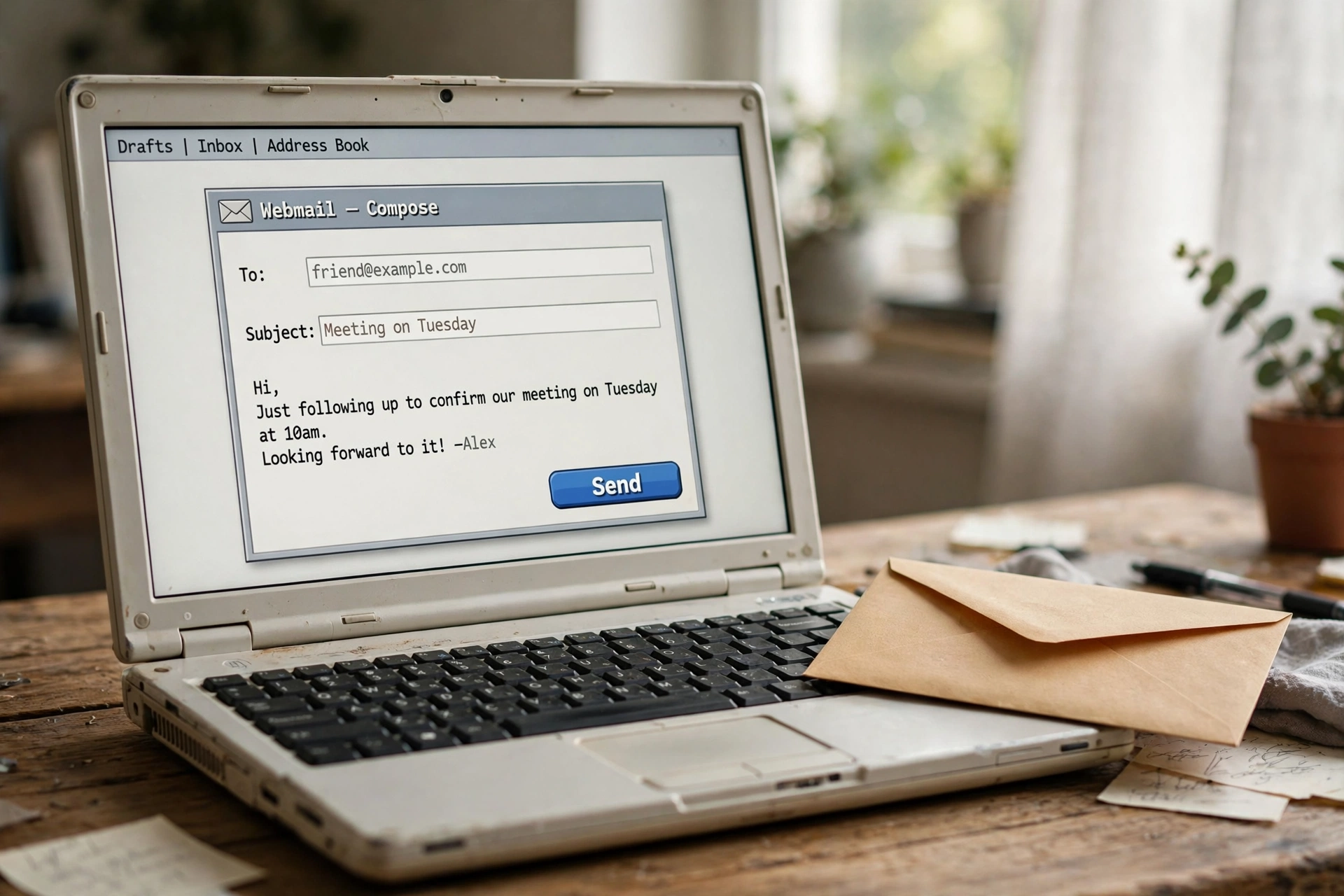 A laptop showing a simple webmail compose window with a Send button, illustrating the rare temp service that allows outbound mail