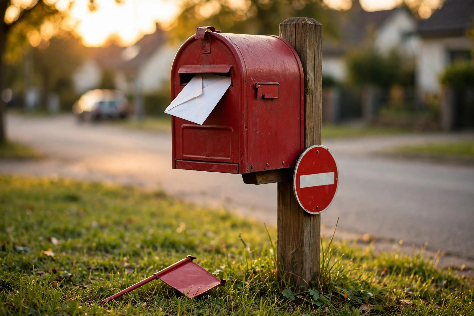 A red mailbox with a no-entry sign and its outgoing flag on the ground, symbolizing receive-only temp inboxes
