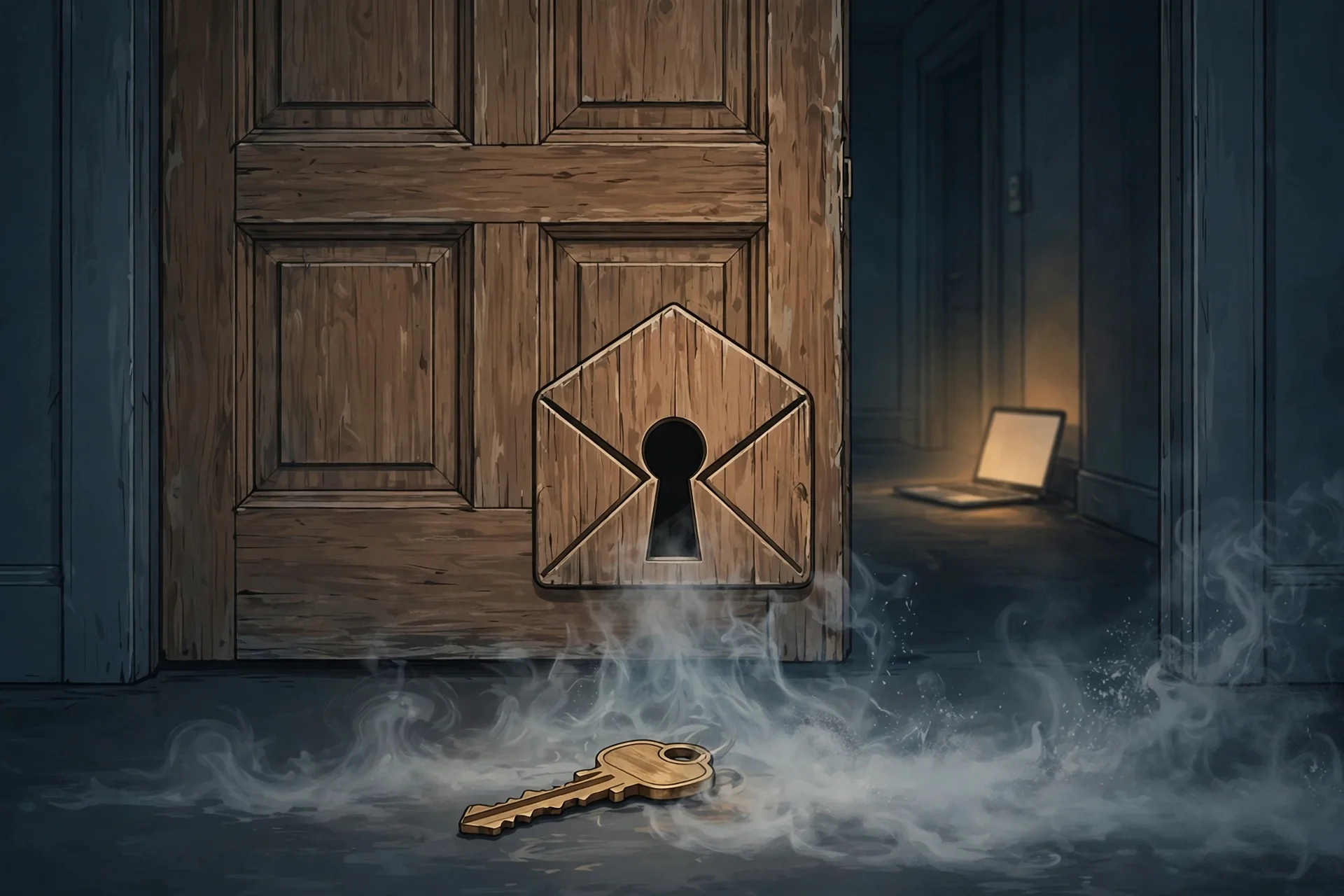 A door with an envelope-shaped keyhole and a fading key on the floor