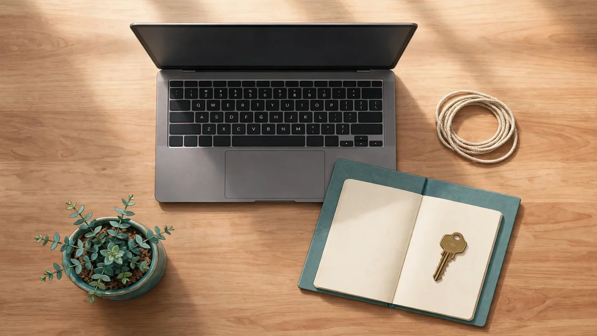 A tidy desk with a laptop, a notebook, and a key kept beside it