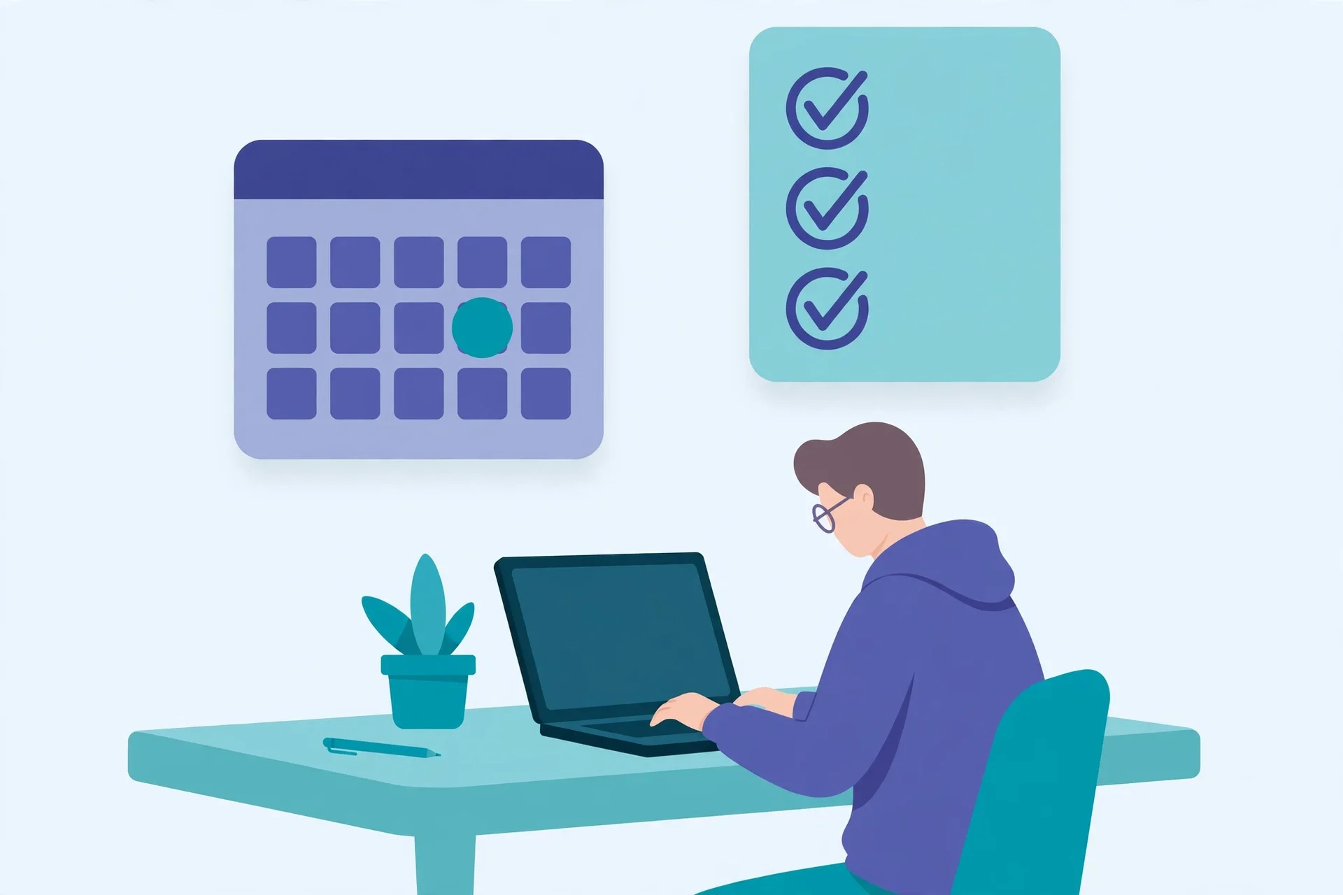 Person trying a project workspace at a laptop, with a calendar and checklist above the desk