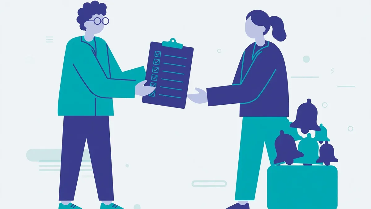 Two people handing over a task board folder while notification bells pile up beside a closing inbox