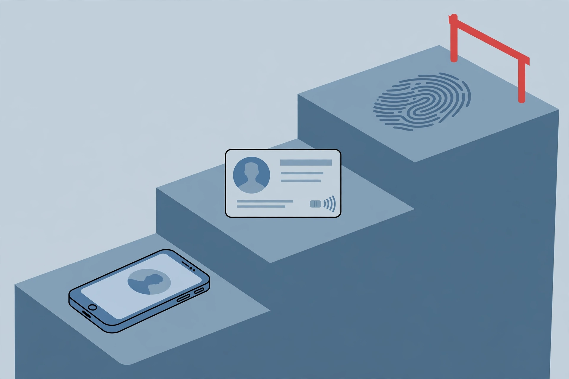 Verification steps for a crypto exchange account: phone, ID document and fingerprint checks arranged as ascending steps with a barrier