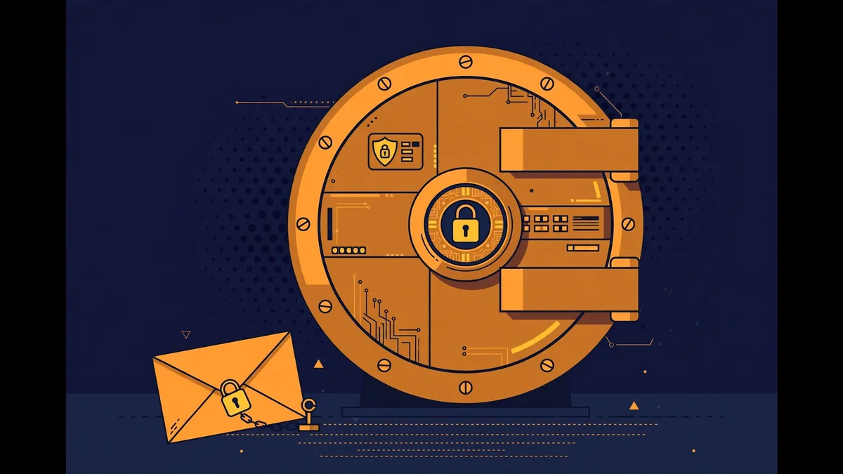 A locked digital vault with an email envelope locked outside it, illustrating losing access to a money account when the inbox expires