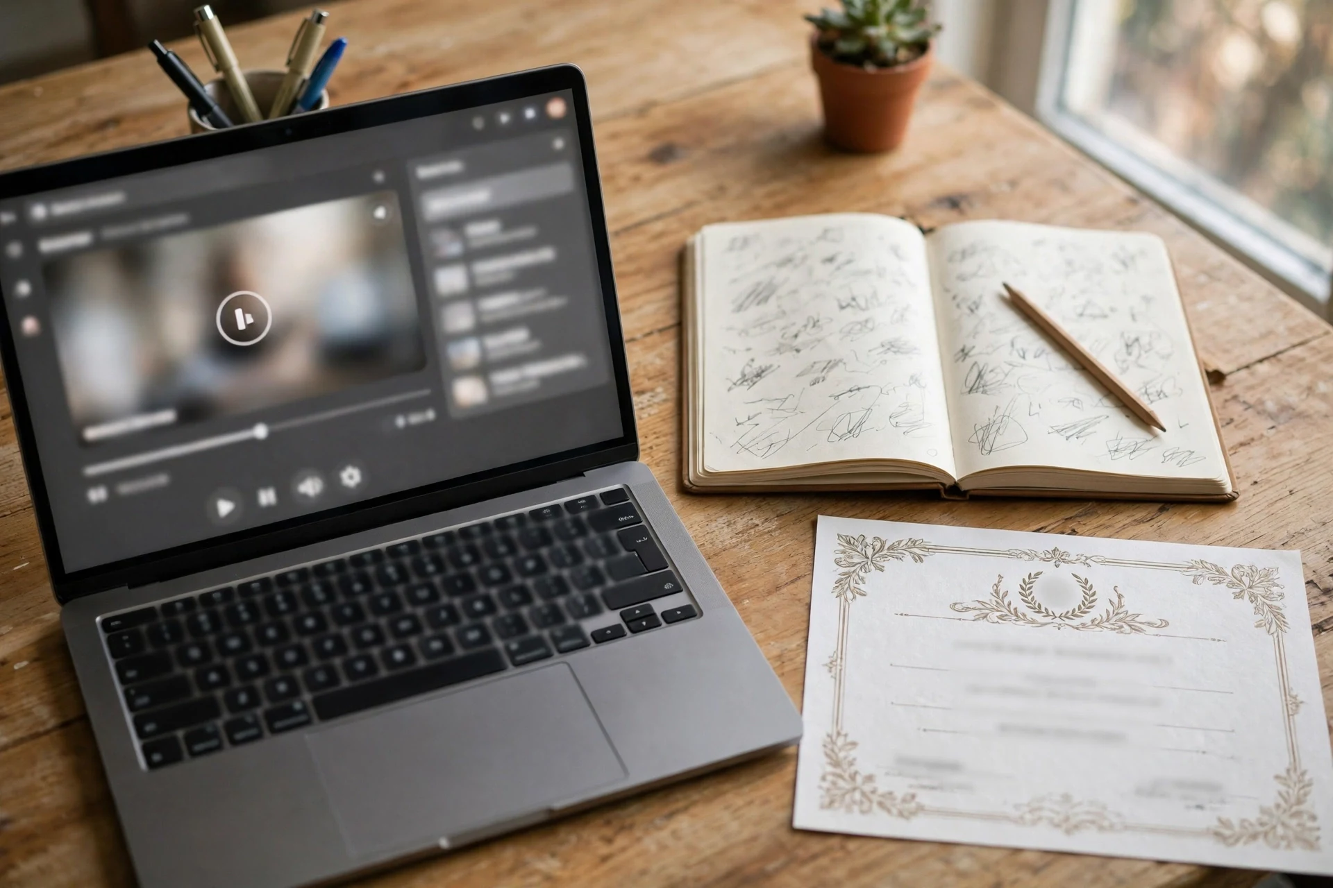 A laptop showing an online course player beside a notebook and a certificate document