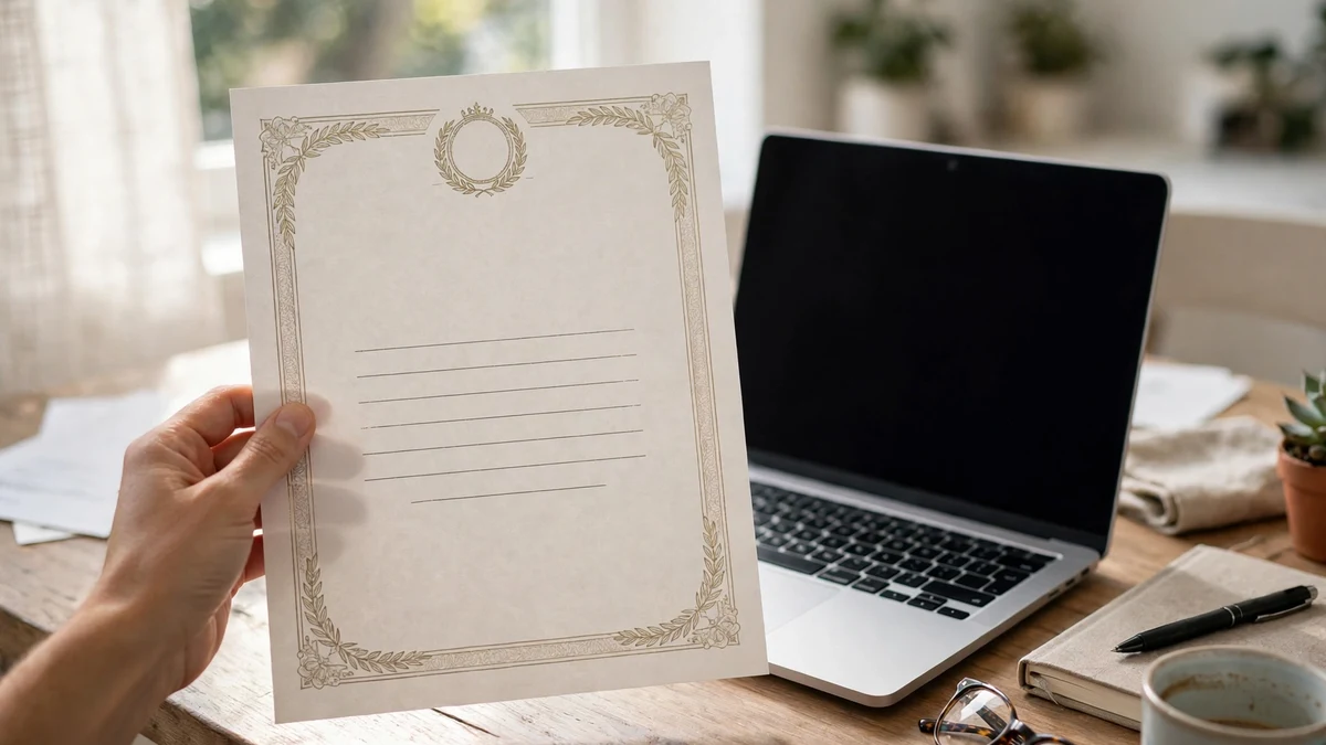 A hand holding a printed course certificate next to a laptop