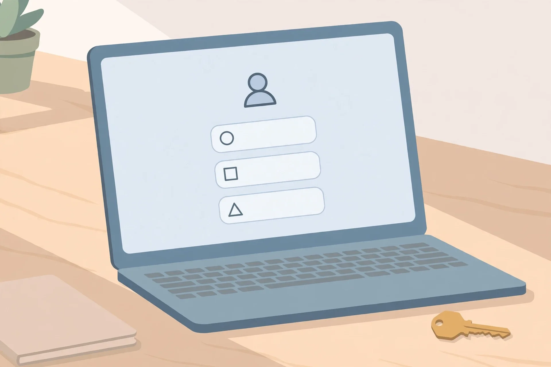 A laptop showing an abstract sign-in screen with generic buttons and a key beside it