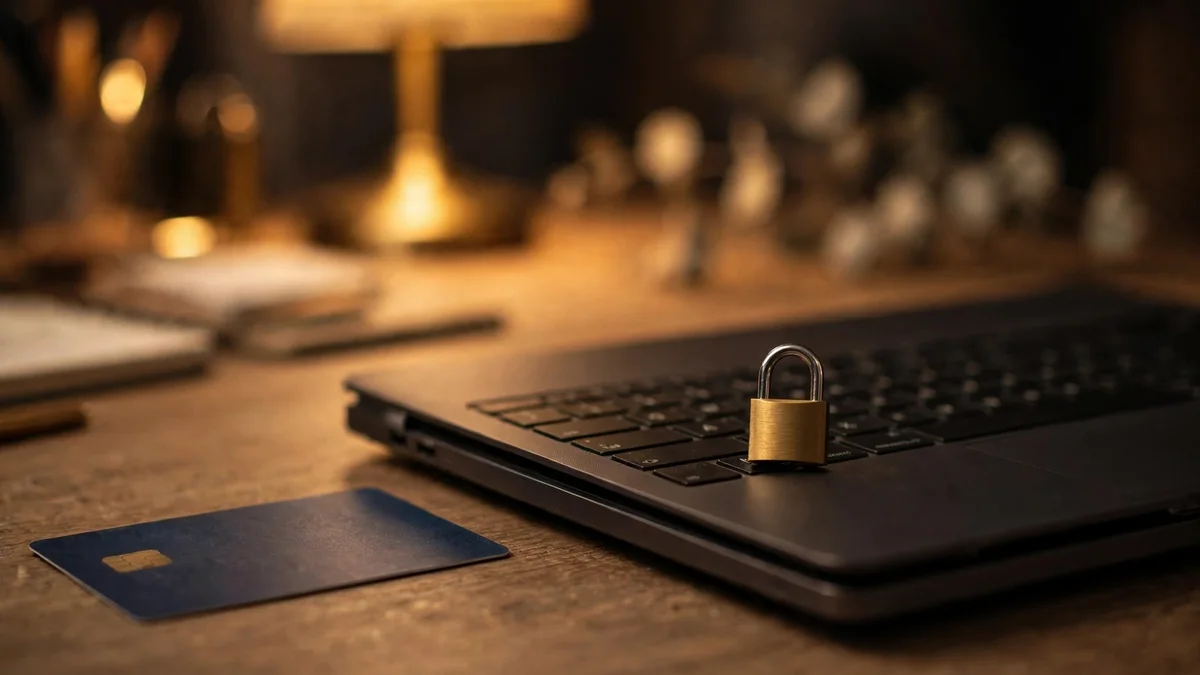 A credit card and a small padlock beside a closed laptop