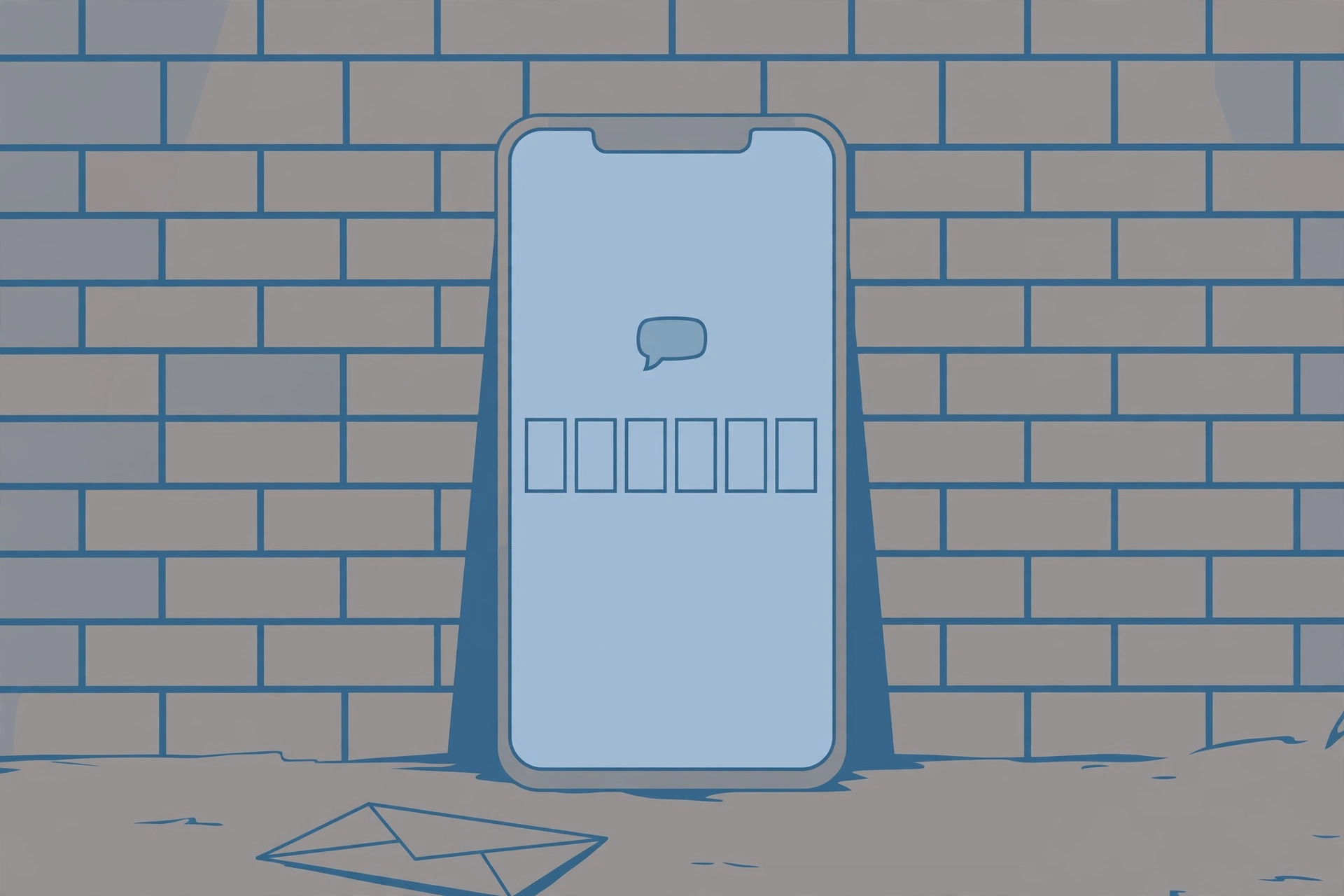 Phone verification code screen in front of a brick wall with a disposable envelope blocked behind it, showing the phone-number barrier on dating apps