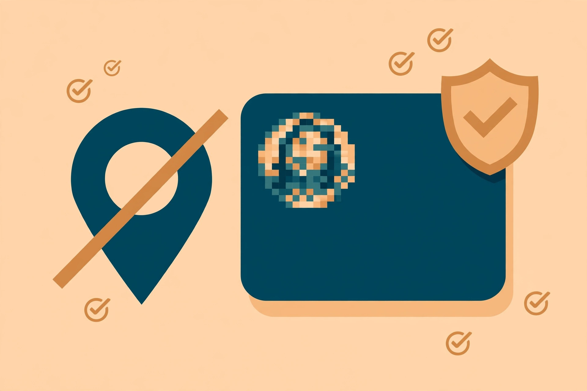 Dating profile card with privacy shield, pixelated photo and disabled location pin illustrating dating app privacy practices