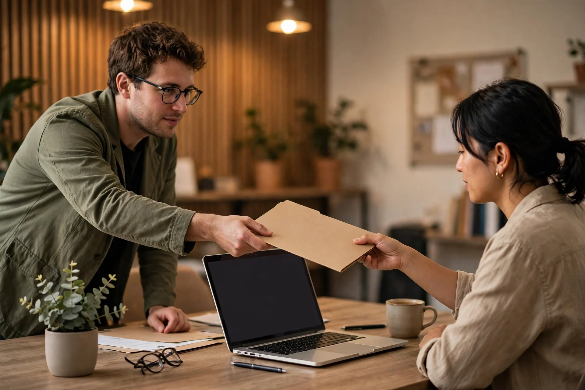 A person handing a plain folder across a table — a Dropbox shared folder is addressed to an email, and when that email dies the share does not follow the person