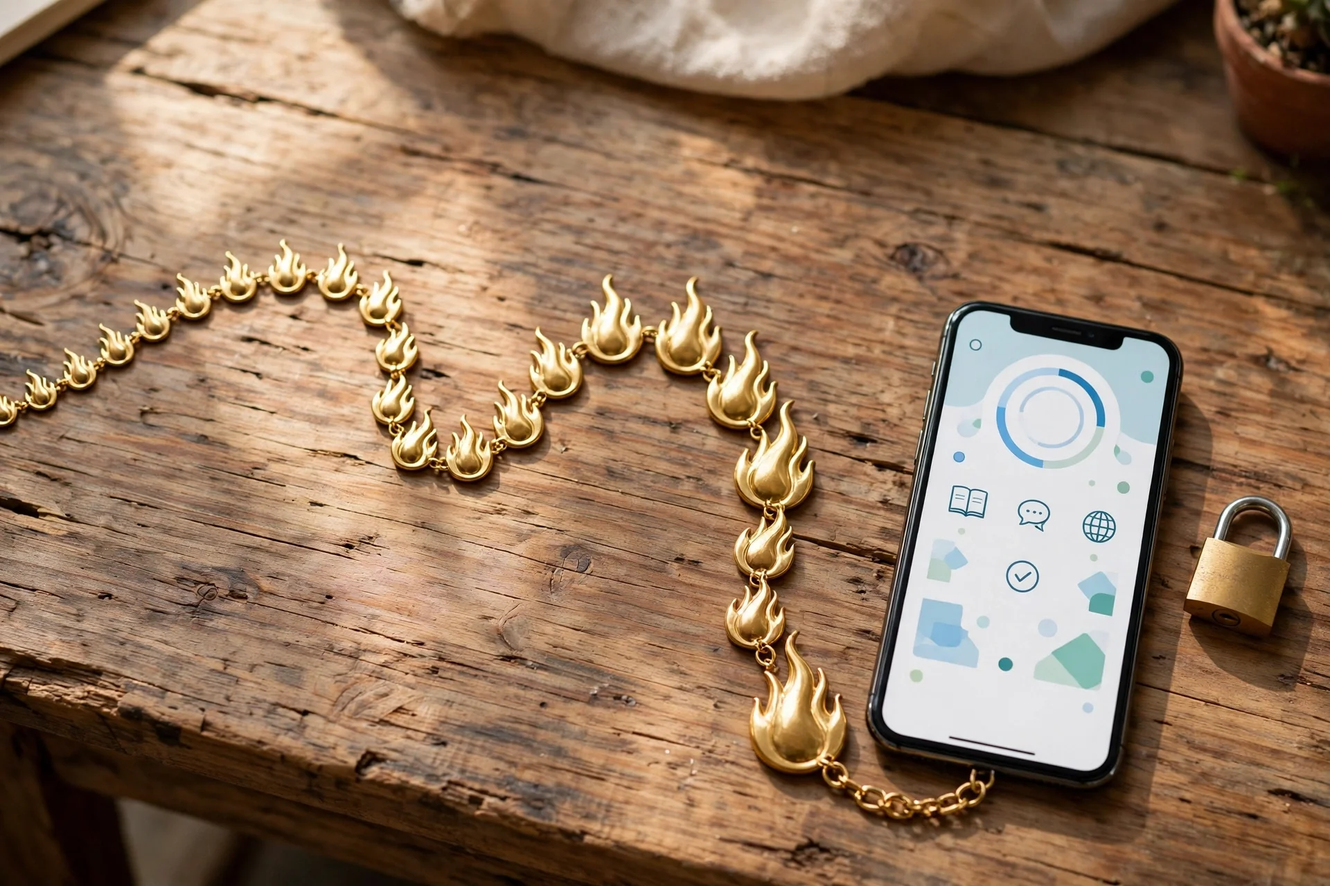 A chain of golden flames growing toward a phone — each day of a Duolingo streak adds value that only the account holds