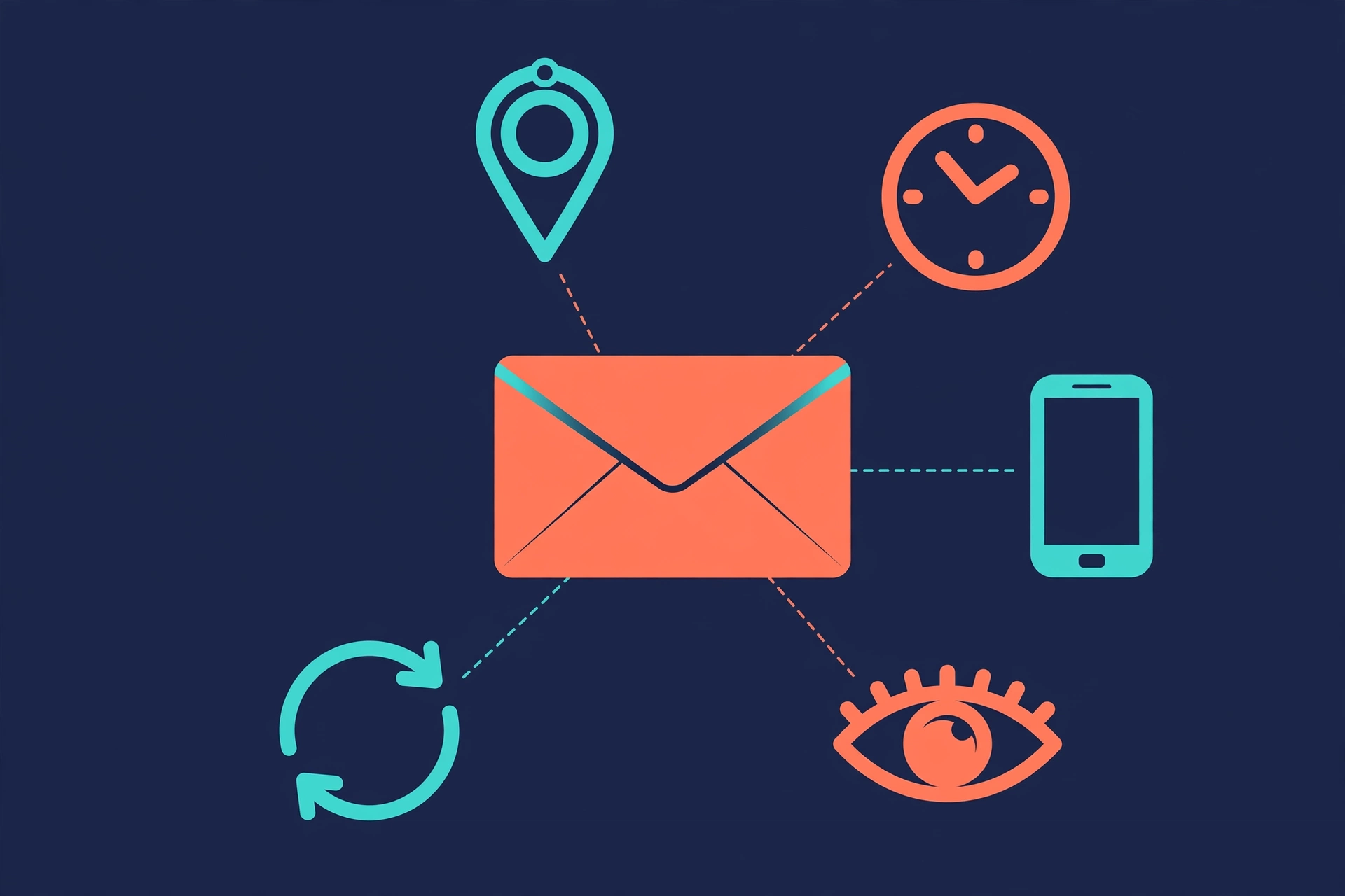 An envelope radiating data icons for location, time, device, views and re-opens, showing what one email open reveals