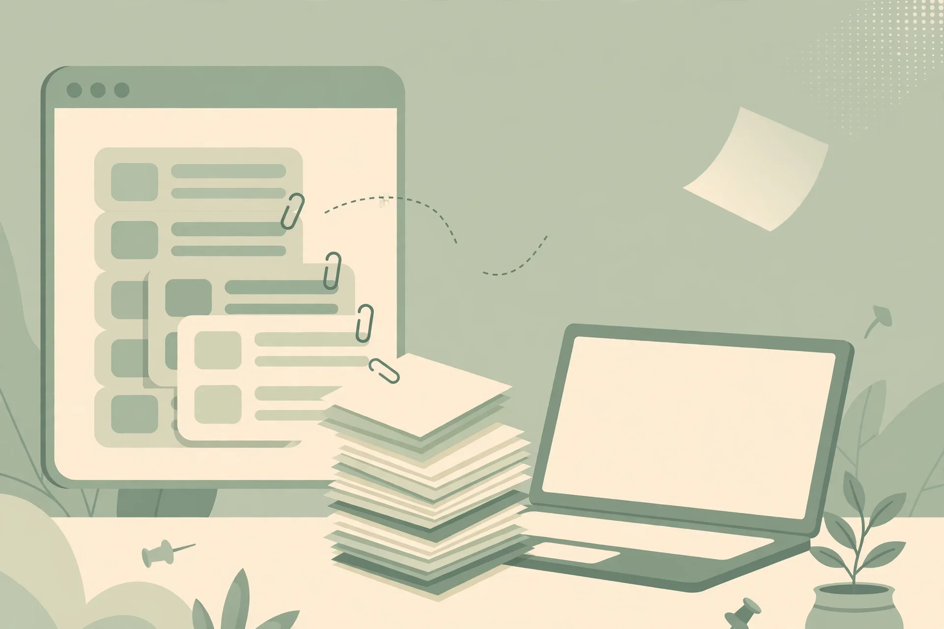 A browser window clipping articles into a growing stack of paper notes beside a laptop, one note drifting away