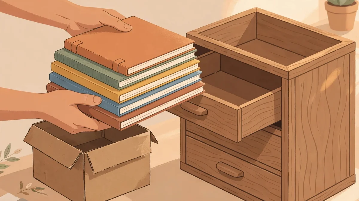Hands moving a stack of notebooks from a temporary cardboard box into a sturdy wooden filing cabinet