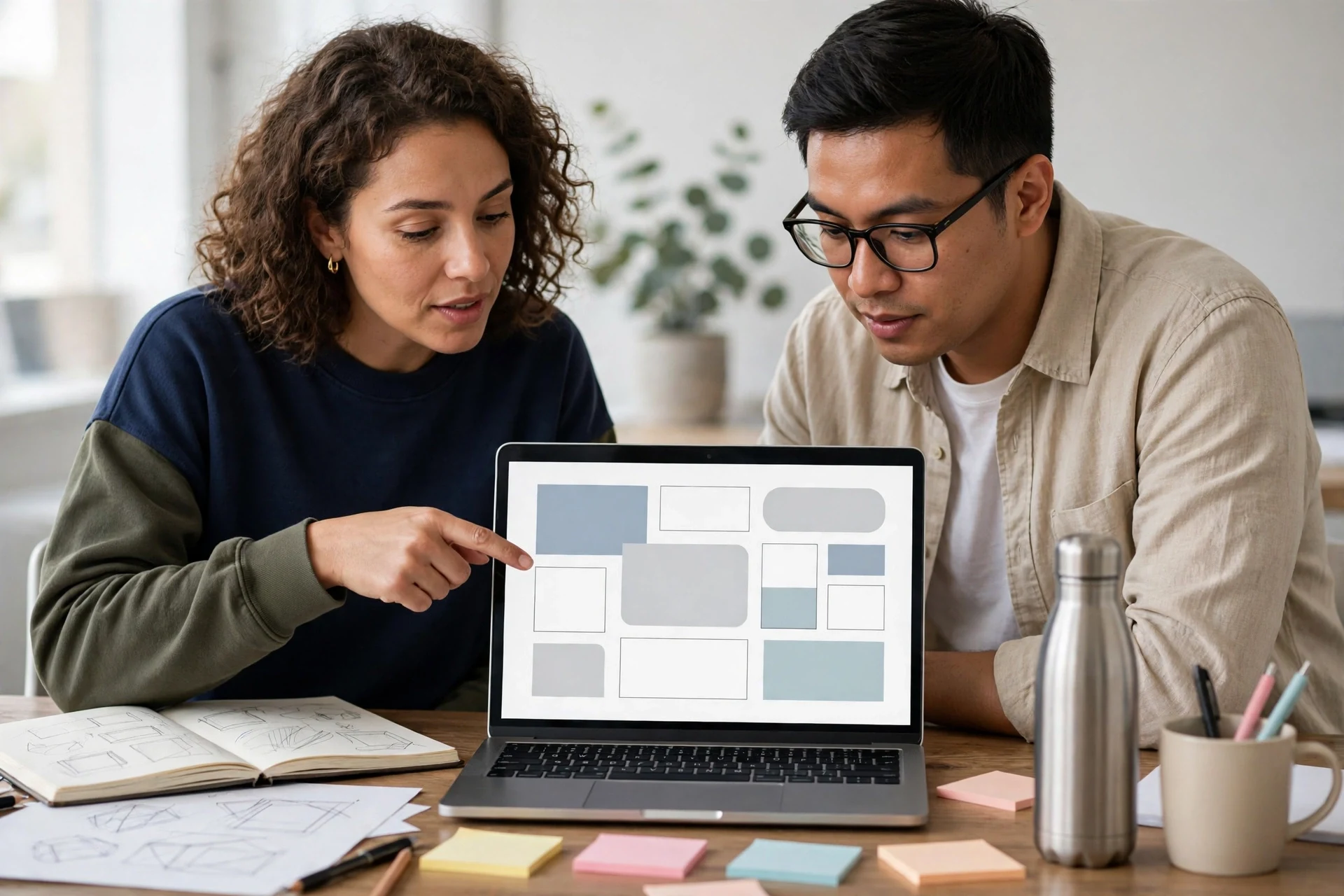 Two collaborators reviewing a generic design canvas on a laptop — a Figma invite goes to an email address, and whoever holds that inbox holds the seat