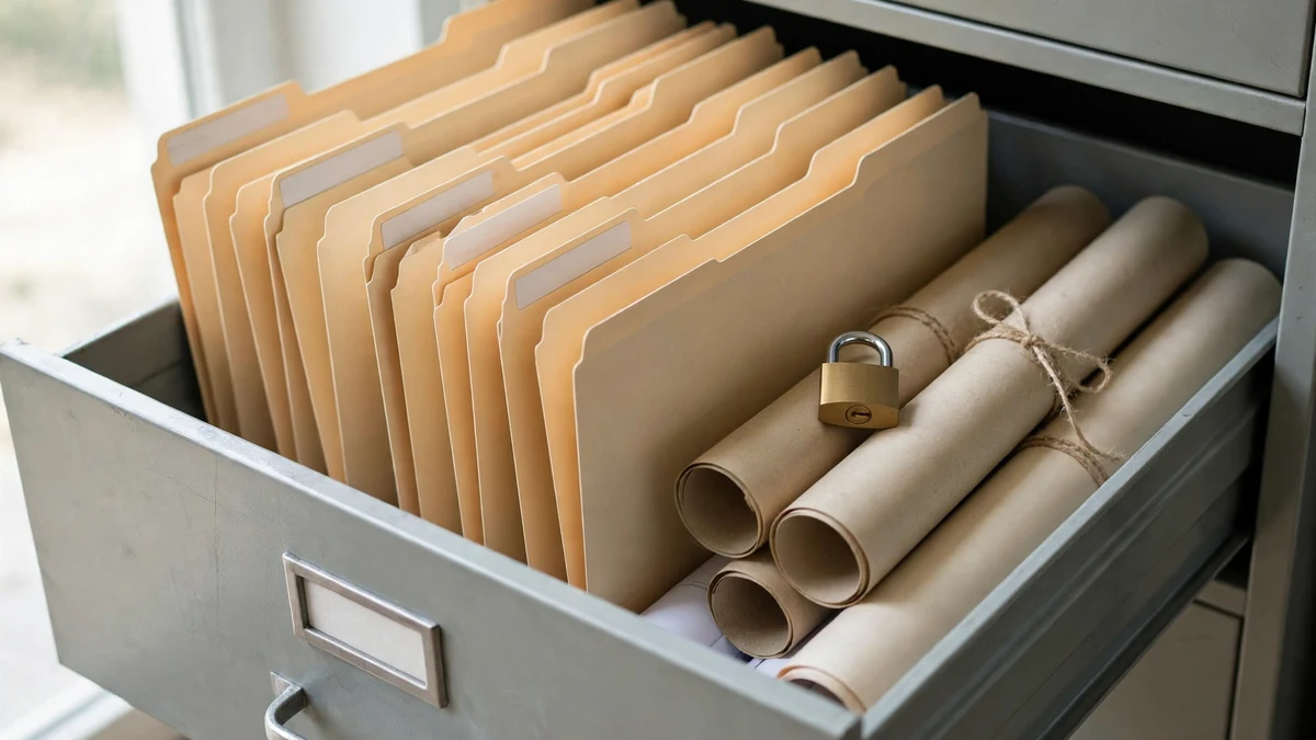 A filing cabinet drawer of folders and rolled mockups with a padlock — files, comments and version history pile up behind a Figma address long after signup
