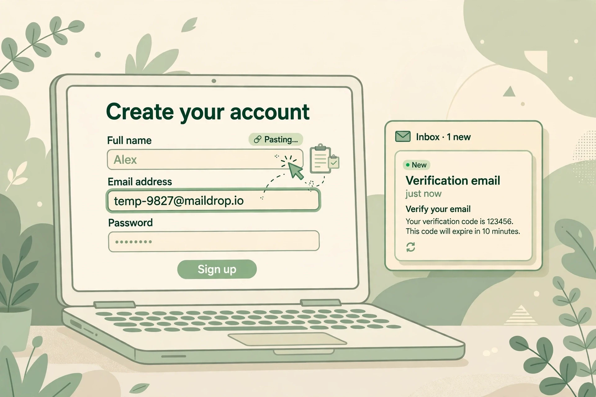 A signup form with a temporary email address being pasted in, and a verification message arriving in a disposable inbox beside it