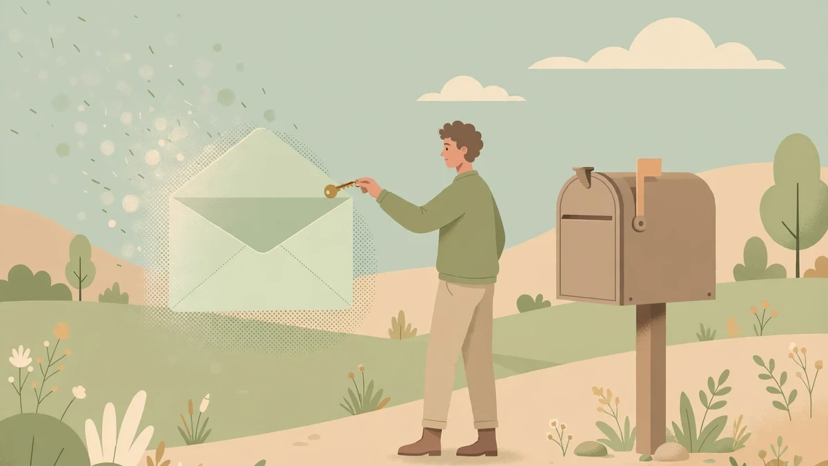 A person passing a key from a fading temporary envelope to a sturdy permanent mailbox, symbolising moving an account to a real email