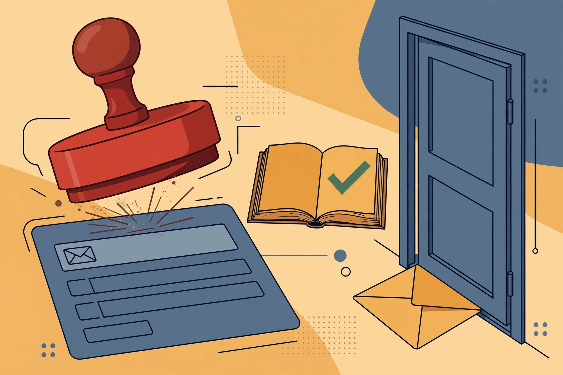 A rejected signup form stamped while a law book shows a checkmark, illustrating that being blocked is not the same as being illegal