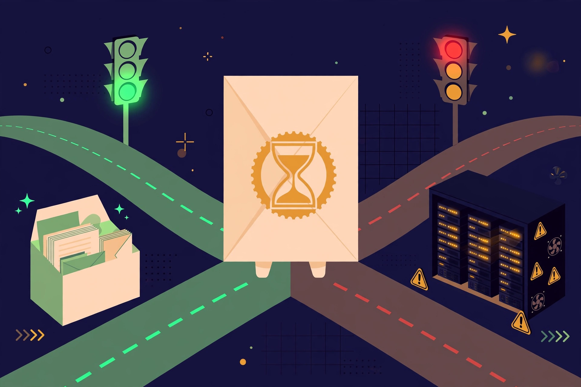 A disposable envelope at a crossroads between a green-light road to a tidy inbox and a red-light road to a dark server room