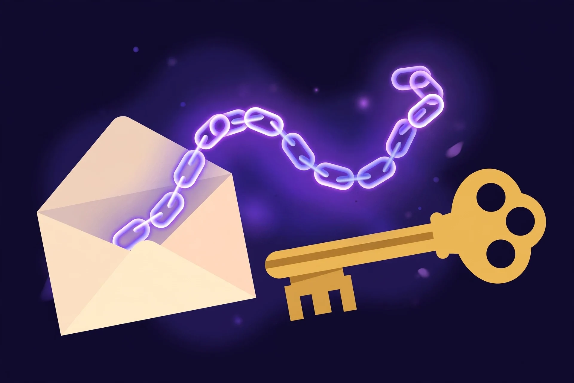 A brass key beside an open envelope with a glowing link chain, illustrating that Linear's magic-link email is the login key