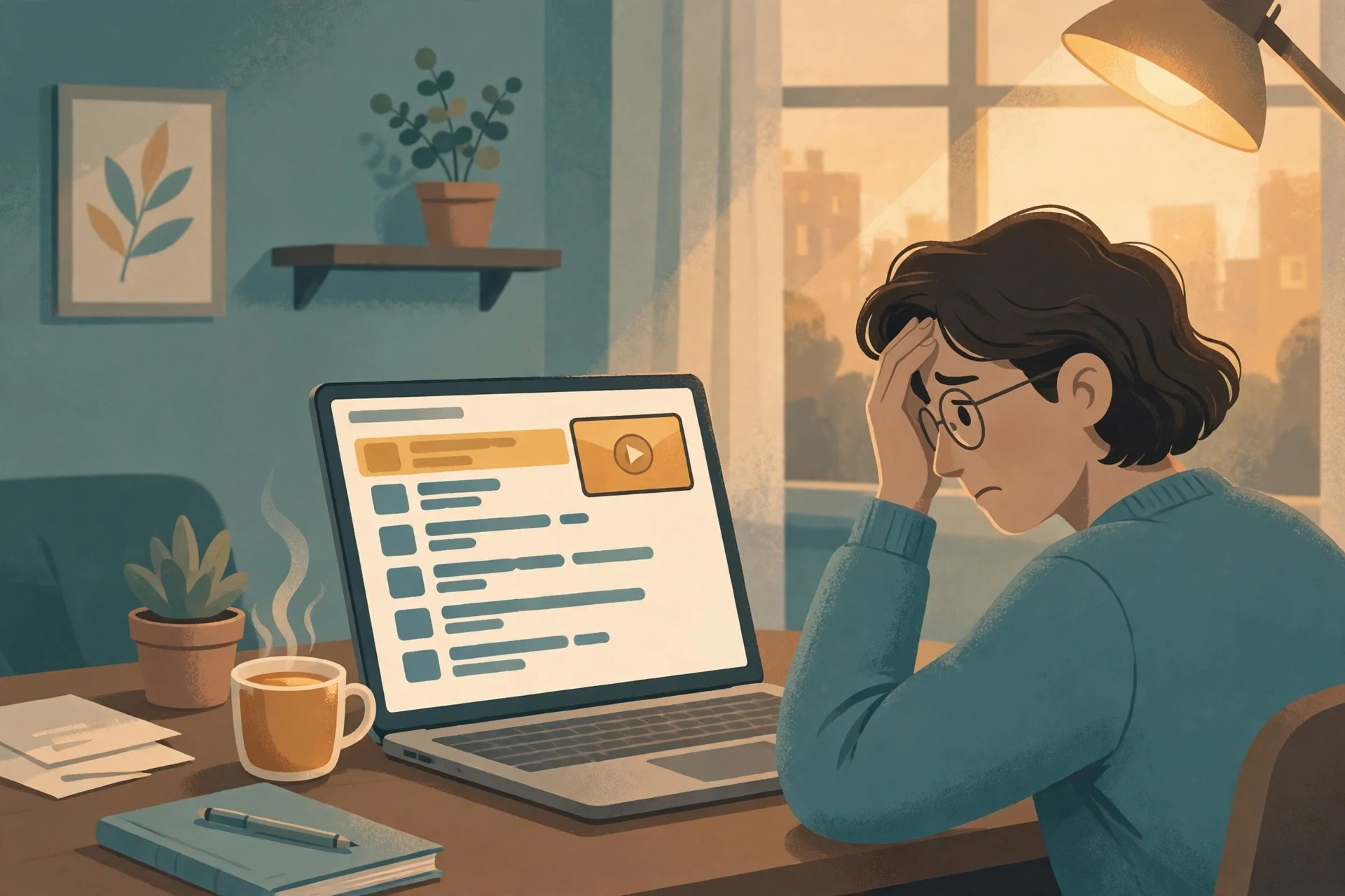 Person looking worried at a laptop inbox with a highlighted verification message beside a video thumbnail