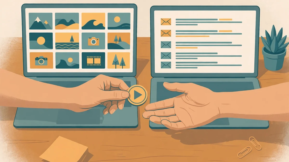 Two hands passing a play-button token between laptops showing a video library and an inbox